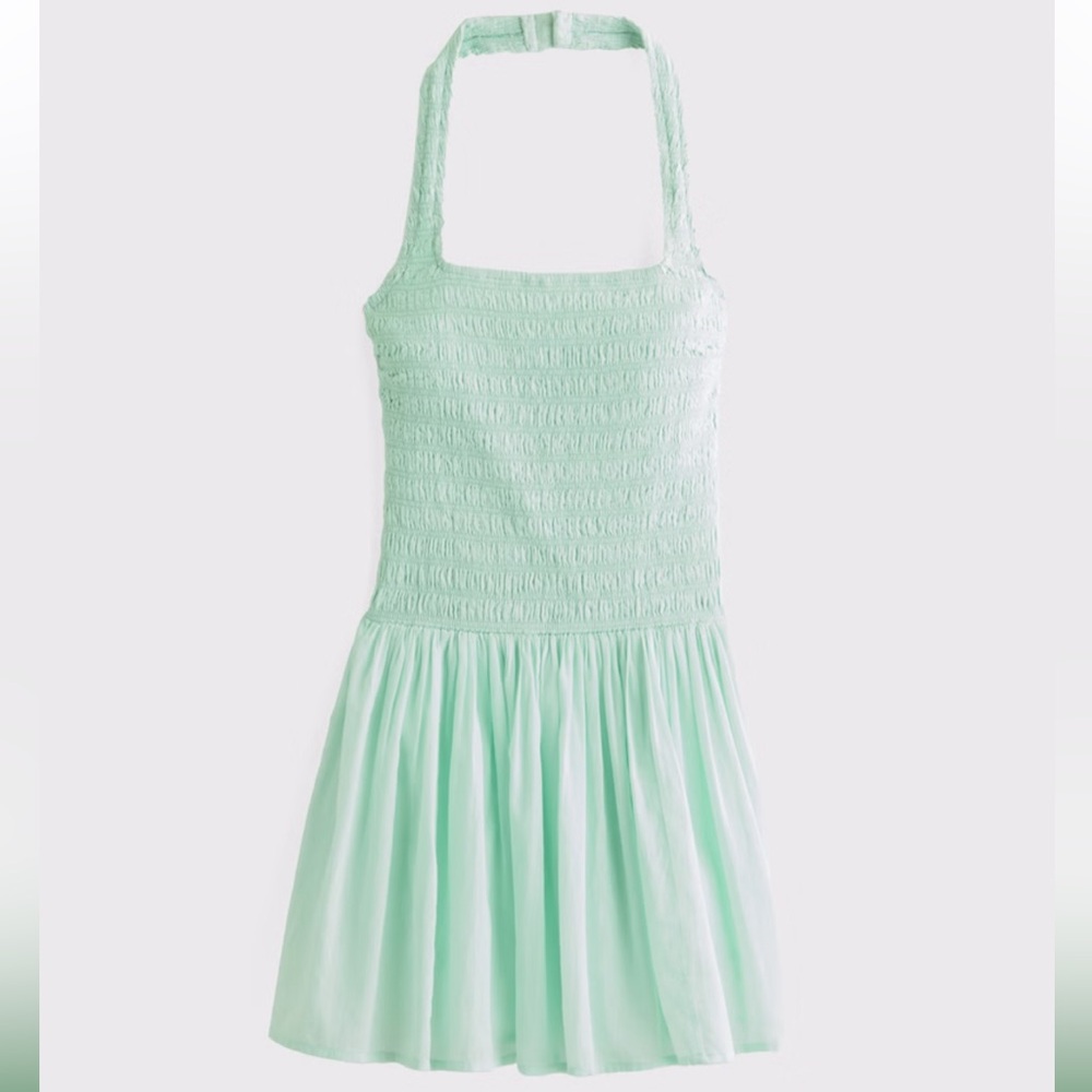 Abercrombie & Fitch Drop-Waist Smocked Halter Mini Dress in Light Mint